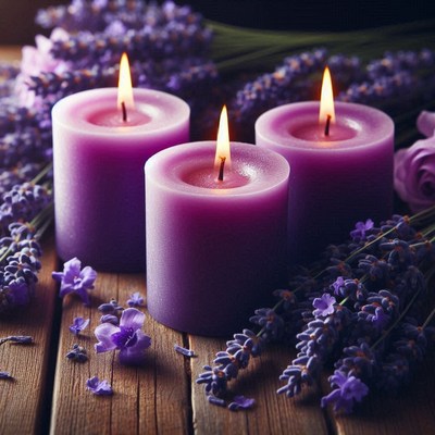 Three purple candles shine on a wooden table with lavender