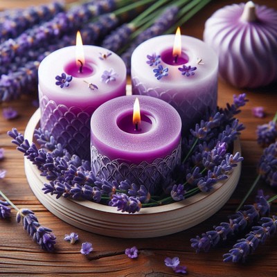 Three purple candles are lit on a wooden table