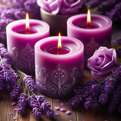 Three purple candles burn with lavender flowers