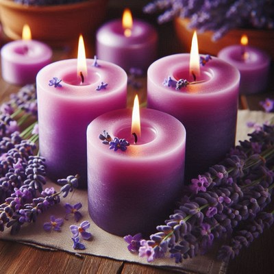 Purple candles burn brightly among lavender flowers