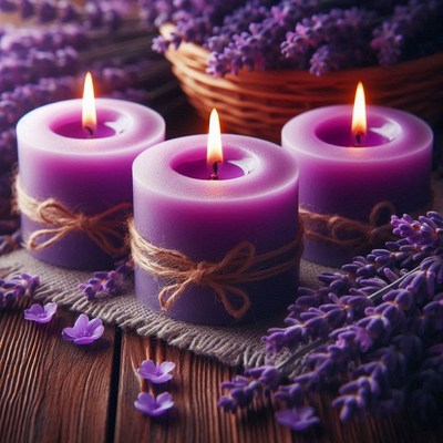 Three purple candles burn brightly on a wooden table