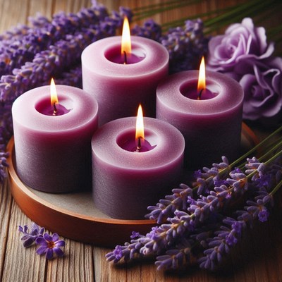 Four purple candles on wood, surrounded by lavender