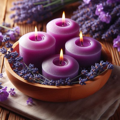 Four purple candles burn in a wooden bowl with lavender