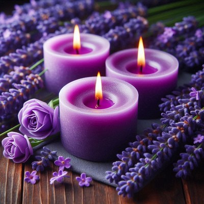 Three purple candles are lit among lavender flowers