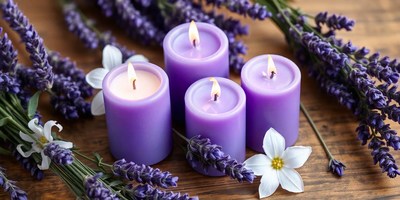 Purple candles and lavender on a wooden table