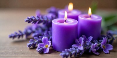 Three purple candles are lit and surrounded by lavender