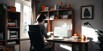 A woman works at her desk in a home office