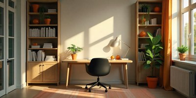 A sunny home office with a desk and chair