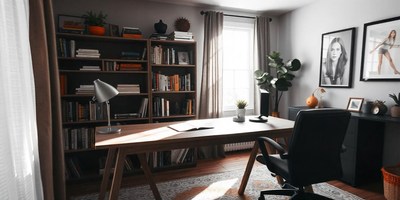 A home office with a desk, chair, and bookshelf