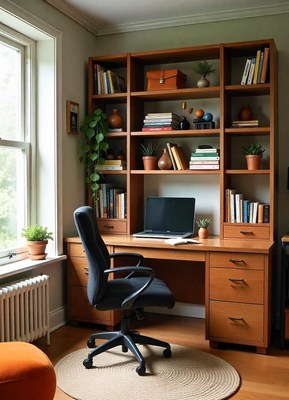 Home office with desk and large bookshelf