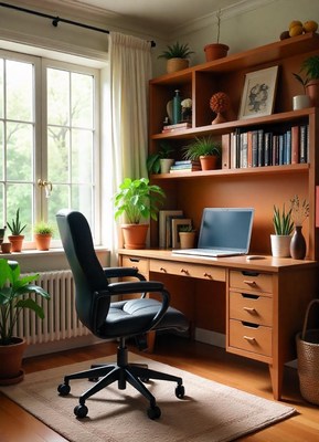A black office chair sits near a window in a home office