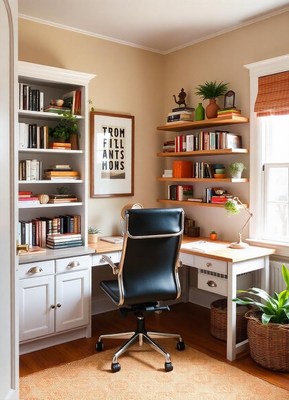 A home office with a desk and chair, a bookshelf, and plants