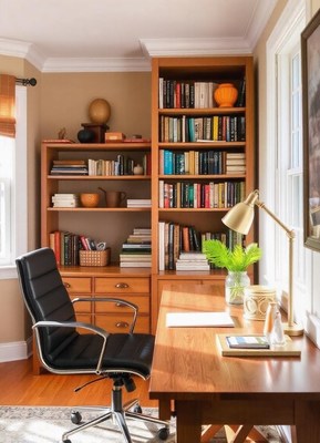 A home office desk with a chair, lamp, and bookshelves