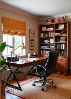 A home office with a desk, chair, and bookcase
