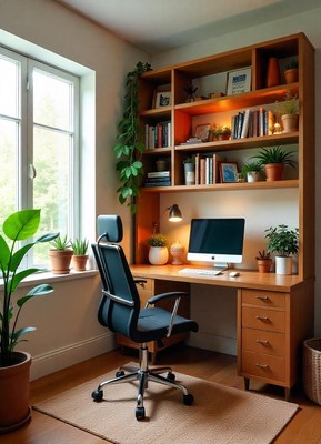 Home office with a wooden desk and comfy chair