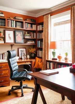 A cozy office with a large desk, bookshelf, and window