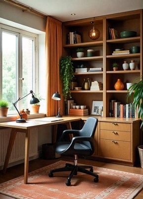 Home office with corner desk, black chair, bookshelf