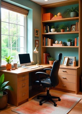 A home office with a desk, chair, and bookshelf