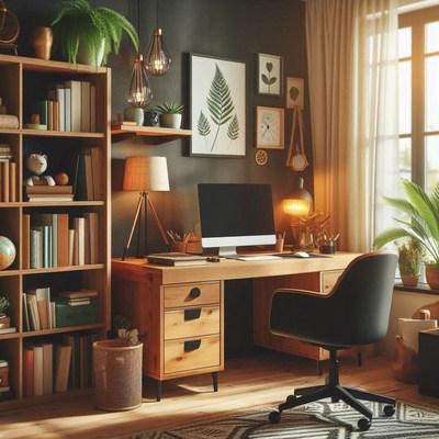 A home office with a wooden desk, bookshelf, and a computer