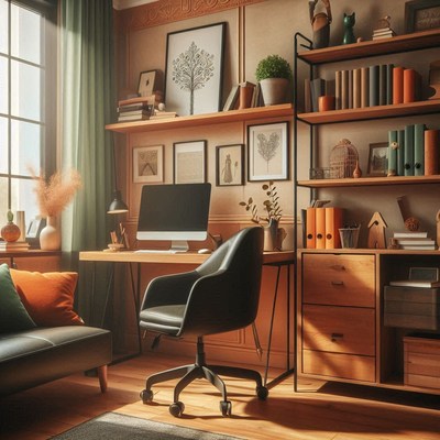 A home office with a desk, chair, and bookshelf