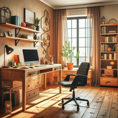 A home office with a wooden desk and chair