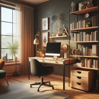 A home office desk with a computer and a black chair