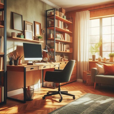 A home office with a desk, chair, bookshelf, and window
