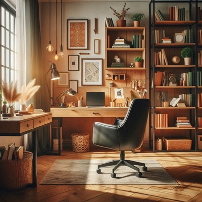 A home office with a desk, chair, and bookshelves
