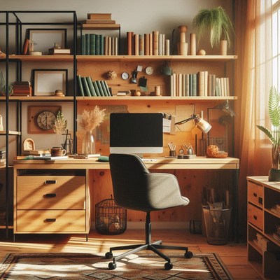 Cozy home office with wooden desk and shelves