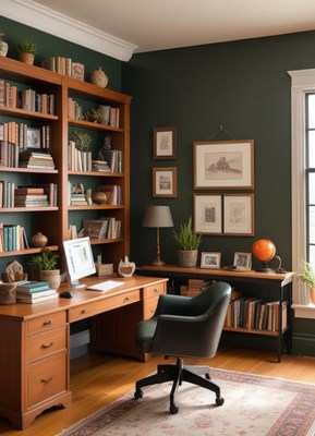 A cozy home office with a wooden desk and bookshelf