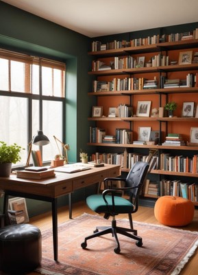 A home office with a large window and a wall of bookshelves