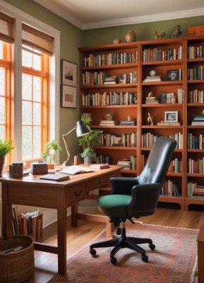 Home office: large desk, leather chair, bookcase