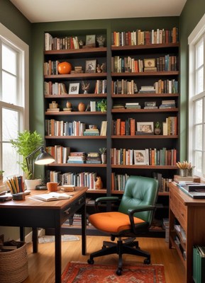 A home office with bookshelves and a desk