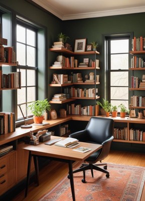 Home office with a desk, chair, and bookshelves