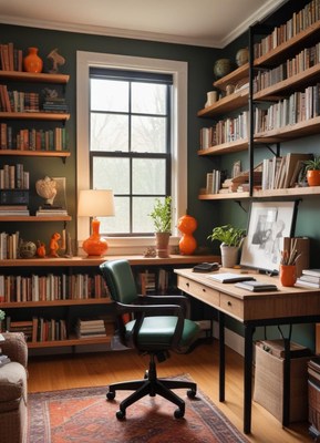 A home office with a desk, chair, and bookshelves