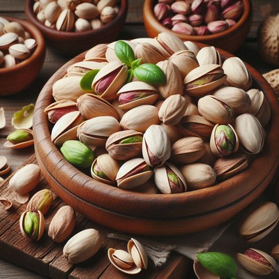A bowl of pistachios on a wooden table