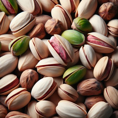A close-up view of pistachios with shells