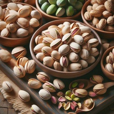 A bowl of pistachios on a wooden surface