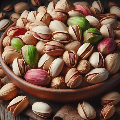 A bowl of pistachio nuts on a wooden surface