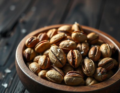 Salted pistachios in a wooden bowl