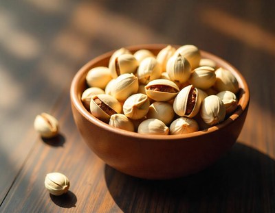 A bowl of pistachios on a wooden table