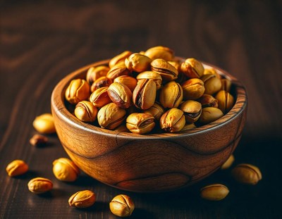 A bowl of roasted pistachios on a dark surface