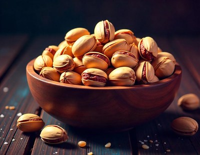 A bowl of pistachios on a wooden table