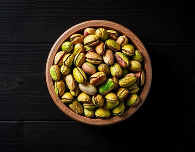 A bowl of pistachios on a black wooden surface