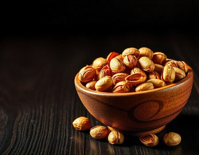 A bowl of roasted pistachios sits on a dark wooden surface