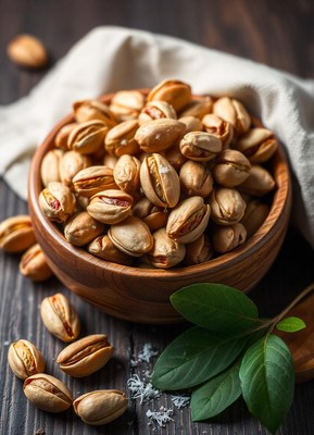 A bowl of salted pistachios on a wooden table