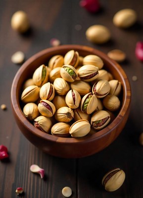 A bowl of pistachios sits on a wooden table