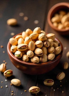 A bowl of pistachios on a wooden table