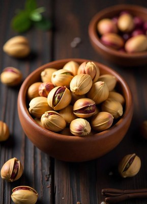 A bowl of roasted pistachios on a wooden table