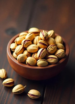 A bowl of pistachios sits on a wooden table